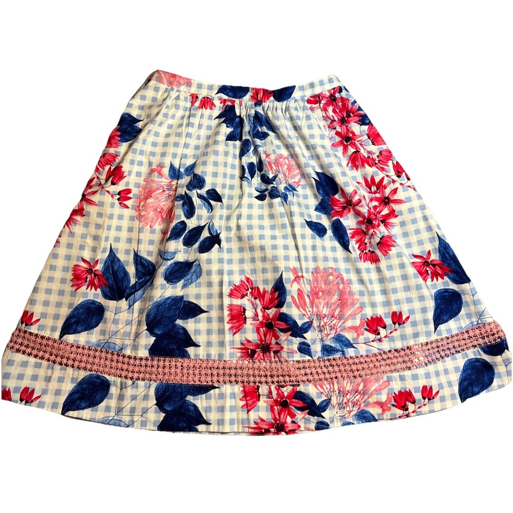 Draper James Skirt Women's Blue Floral Gingham Excellent Lace Trim Size 4